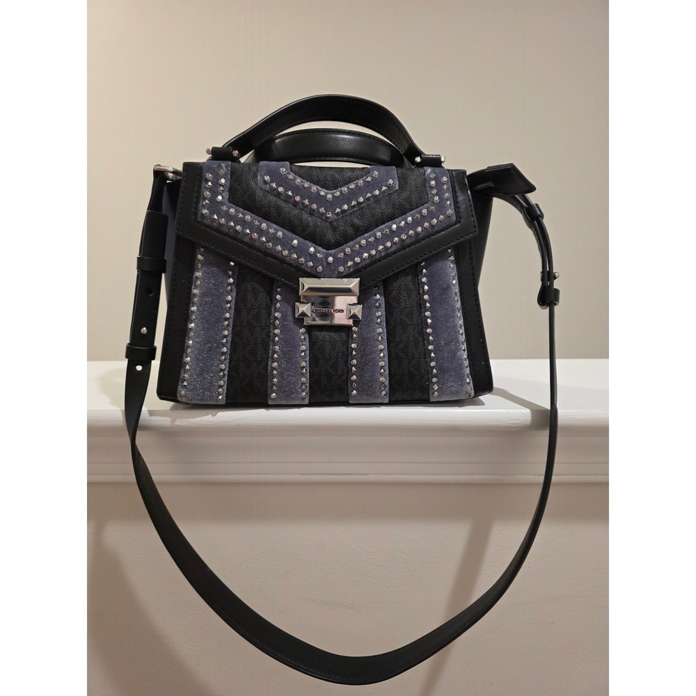 Michael Kors Whitney Satchel Black Logo Studded Velvet Crossbody Bag Handbag
